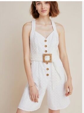 Anthropologie White Belted Eyelet Romper Shorts With Pockets Size 4 NWOT